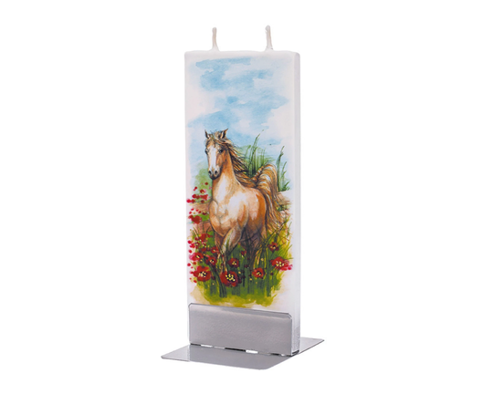Hand Painted Flat Candle | Horse in Poppy Field Small Unique Gift Shelf Decor Nature Décor