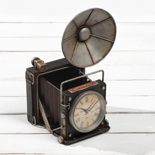 Vintage Metallic Antique. Decorative Camera With Pencil Case & Clock in Black. Great Gift For Vintage Lovers