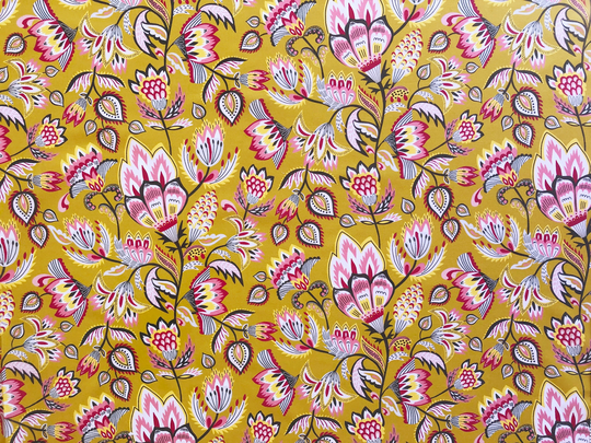 Vintage Styled Blooming Garden Mustard Floral Quilting Cotton Fabric By 1/2 Yard Or Fat Quarter, Blue Sketch Quilt