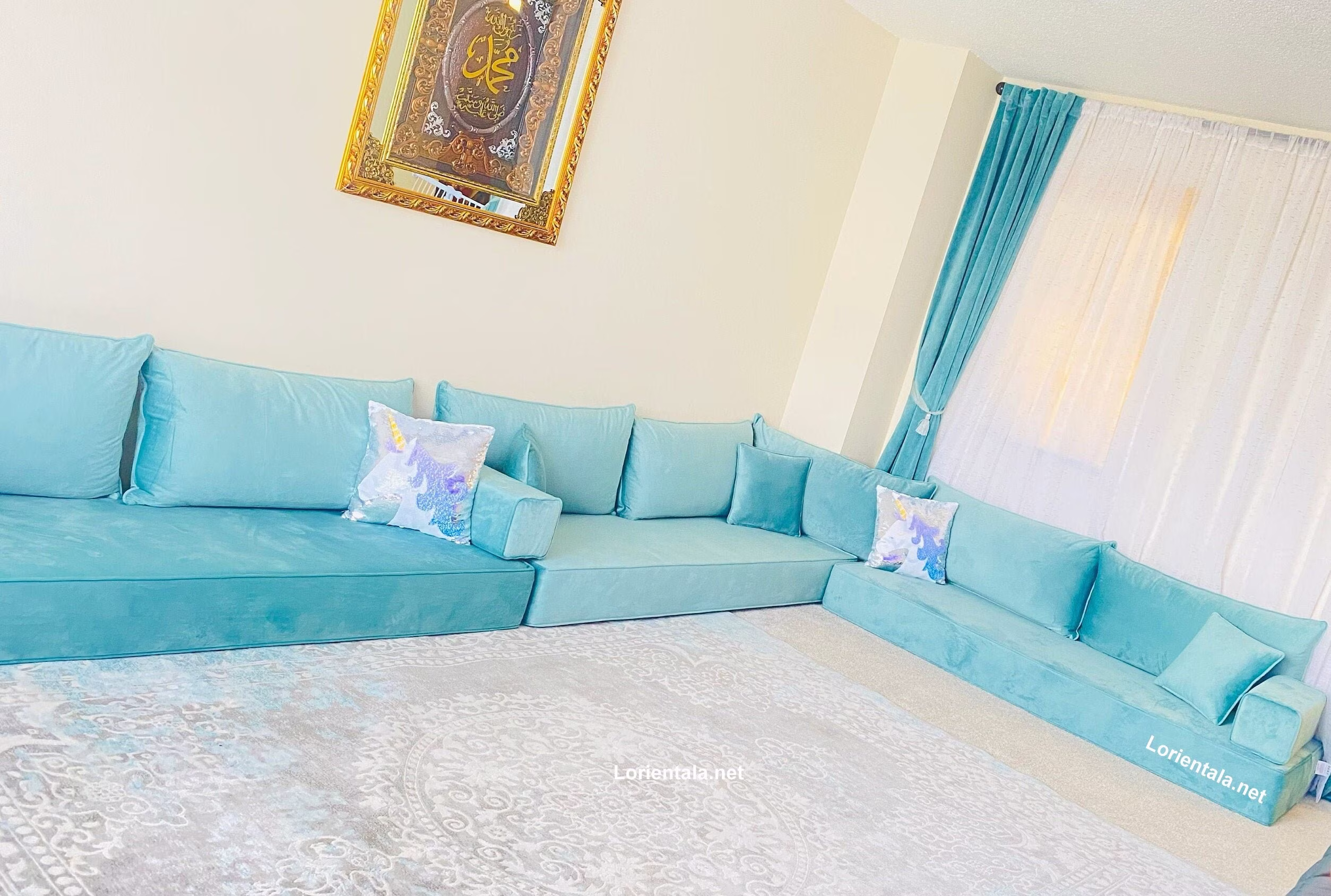 L Shape 8'' Velvet Blue Sky Floor Seating Sofa Turkish Arabic Living Room Oriental Moroccan Home Decor Hookah Bar Coffee Saloon Sectional