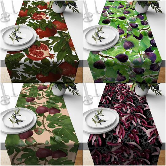 Fruit Table Runner|High Quality Fig & Pomegranate Print Tabletop|Summer Trend Tablecloth|Farmhouse Style Floral Kitchen Centerpiece