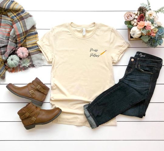 Personalized Teacher Name Shirt, Pencil Apple, Pocket T-Shirt, Gift, Custom Apple Tee