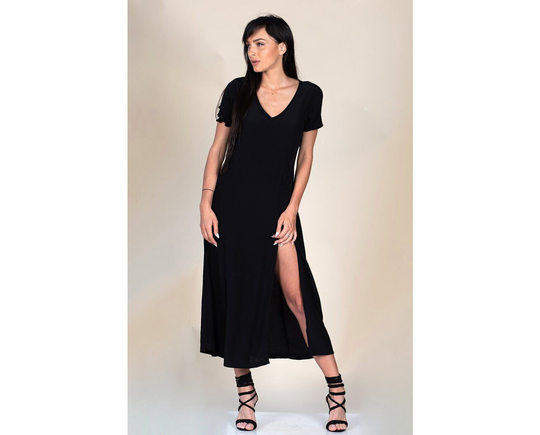Long Black Dress/Short Sleeve Midi V Neck Plus Size Maxi Flared Pencil Casual