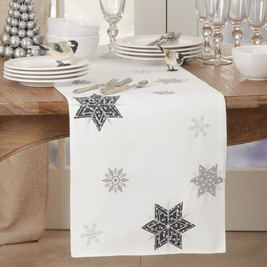 Table Runner With Embroidered Snowflakes Design - 16"x70"