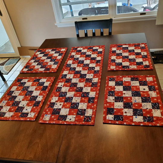 Quilted Fourth Of July Table Runner & Placemats, Stars Stripes, Patriotic Americana Holiday Decor, Handmade Kitchen Setting