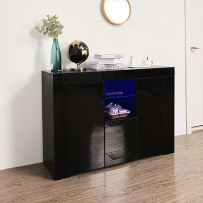Kitchen Sideboard Cupboard With LED Light, Black High Gloss