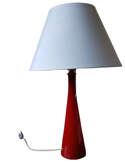 Vintage Danish Modern Red Glass Table Lamp in Style Of Holmegaard, Scandinavian Mid Century Modern, Bright Cased