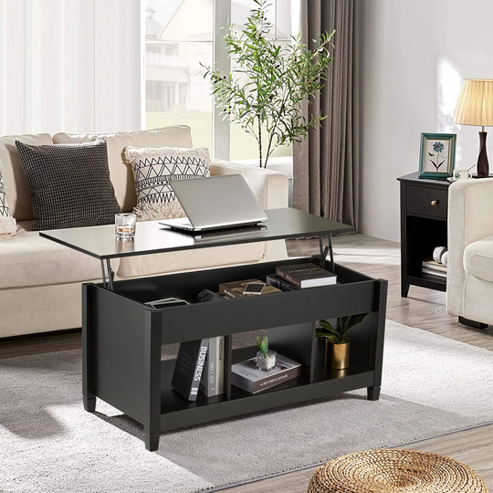 41.1" X 19.5" Lift Top Center Table with Hidden Storage Compartment Coffee Table Modern Rectangle Sofa Table with 3 Open Shelves