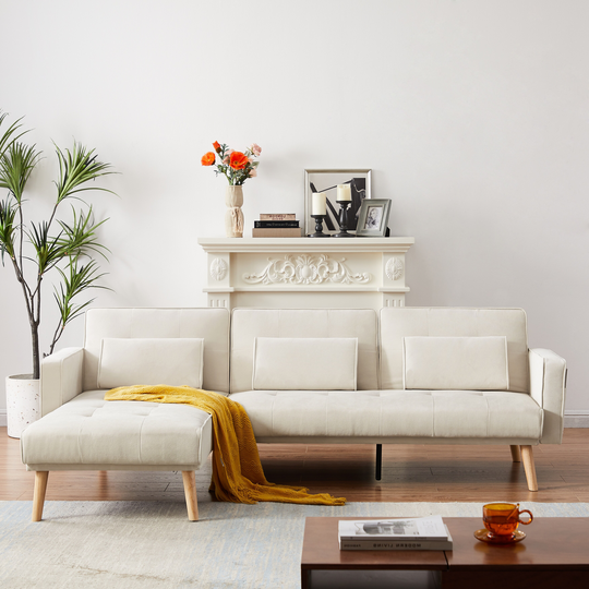 Modern Linen Upholstery Square Arm Sofas Convertible Sofa Bed and Left Side Lounger with Organizer and Wooden Feet, Ivory