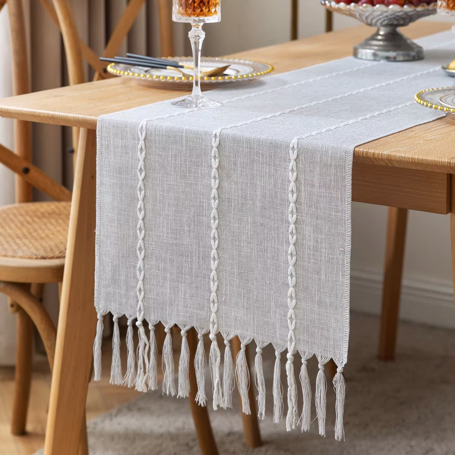 Gray Table Runner - Modern Farmhouse Boho Braided Handmade Coastal