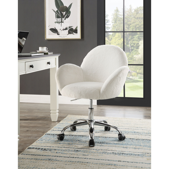 Modern White Metal Chrome Lapin Fabric Office Chair, Barrel Office Chair with Swivel Seat with Adjustable Lift