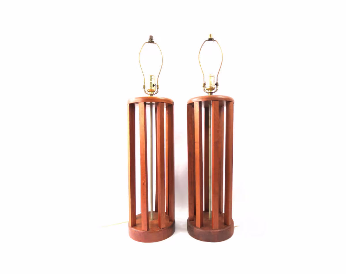 Wooden Slats Table Lamps Pair Of Tall Side Table Lamps Vintage Modern Wood Mcm Home Decor Lighting