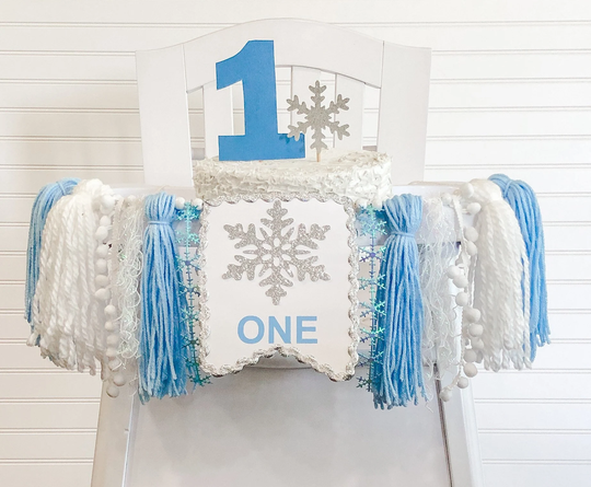 Blue Snowflake Birthday High Chair Yarn Tassel Banner, Cake Smash Backdrop First Birthday, Topper