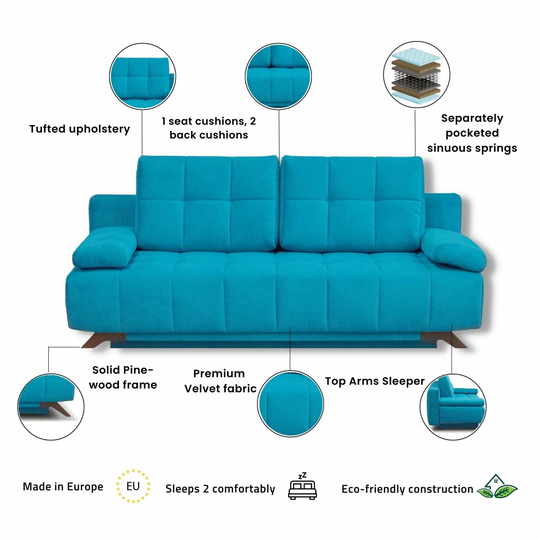 Modern Serena Pine Wood Sleeper Sofa, Velvet Pillow Top Arm Sofa for Room Decor, Sofa Bed Furniture, Queen Size Sofa