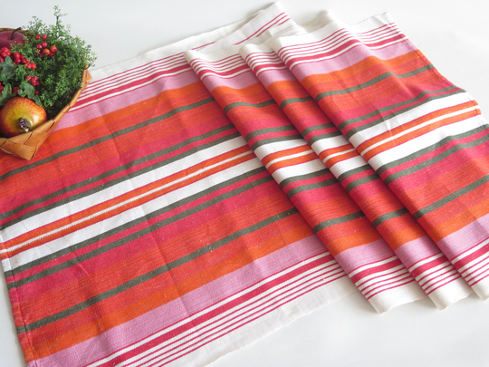 Table Runner Red Orange Striped Woven Cloth, Scandinavian Home Decor #4-43-19
