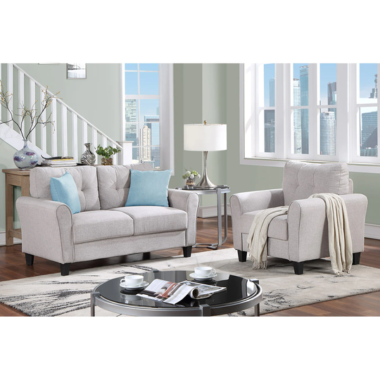 2 Piece Living Room Sofa Set with Button Tufted Back, Including Linen Upholstered Armchair and Loveseat for Home Office
