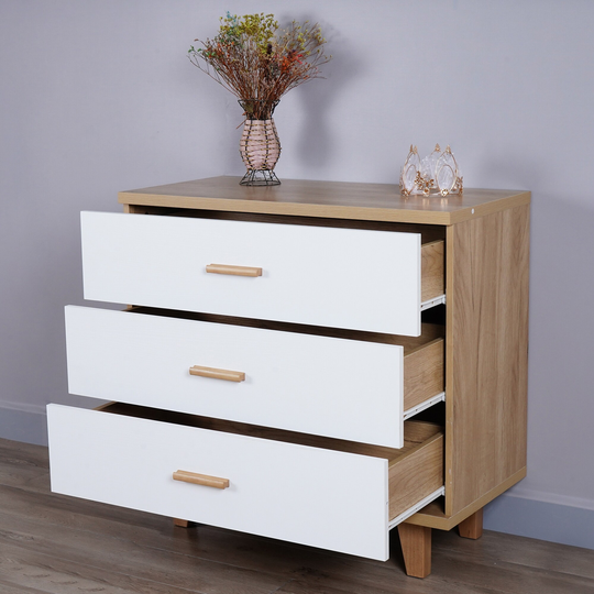 3-Drawer Storage Cabinet Bedside Table Nightstand Solid Wood Feet and Handles Bedside Cabinet