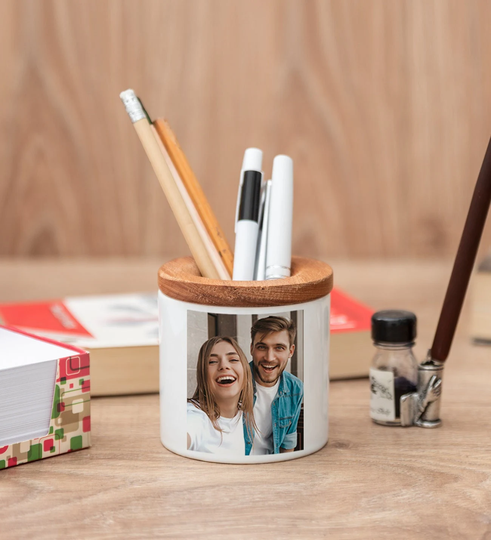 Personalized Photo Pen Holder For Desk, Pot, Ceramic Pencil Cup, Custom Picture Storage Pot With Wooden Lid