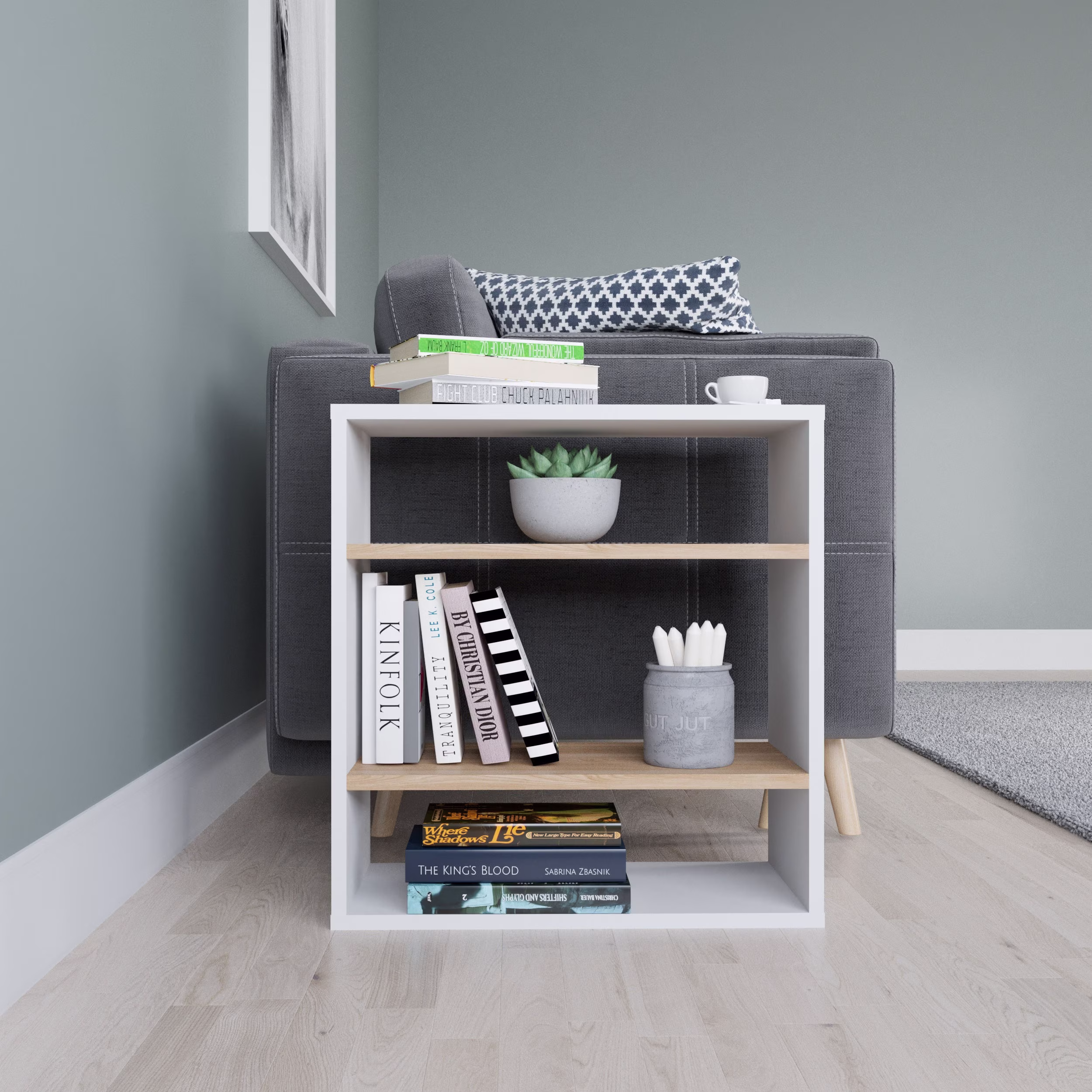 Per Side Table | White Oak Anthracite End Modern Living Room Couch Small Bookcase Floor Shelf