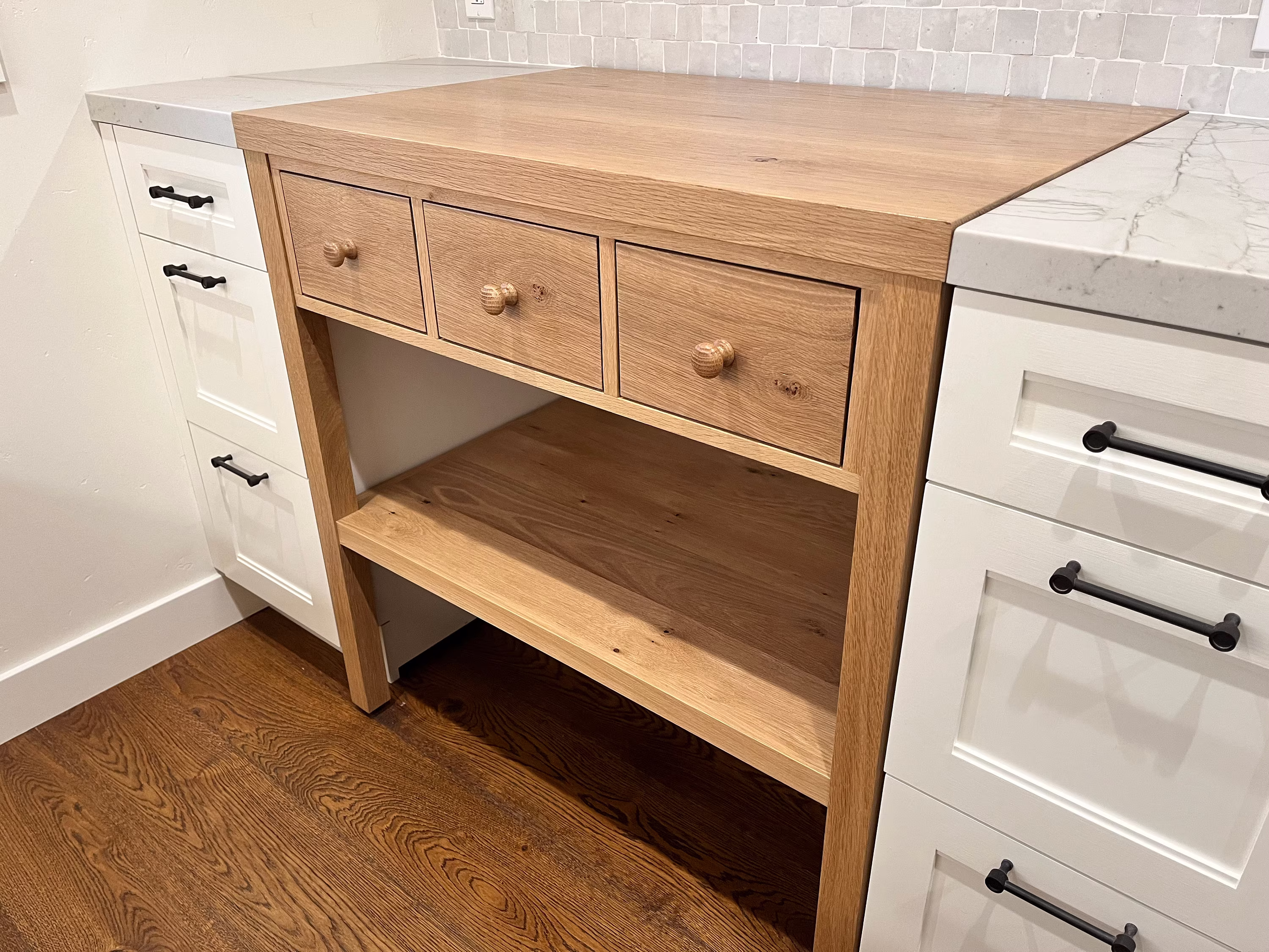 Counter-Height White Oak Table/Rustic Kitchen Island Custom Stove Insert Work Station