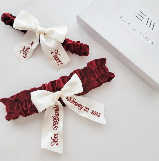Wine Velvet Bridal Garter With Antique White Ribbon, Embroidered Set, Dark Red Garters, Personalized Set