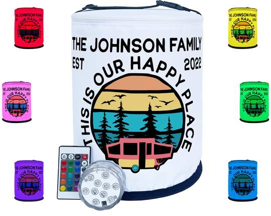 Personalized Color Changing Camping Lantern, Pop-Up Tent Trailer - This Is Our Happy Place Your Custom Text, Led Camp Light With Remote