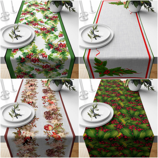 Christmas Table Runners|Winter Trend Runner|Green Leaves & Red Berries Home Decor|Bird Pine Cone Farmhouse Style Xmas Tablecloth