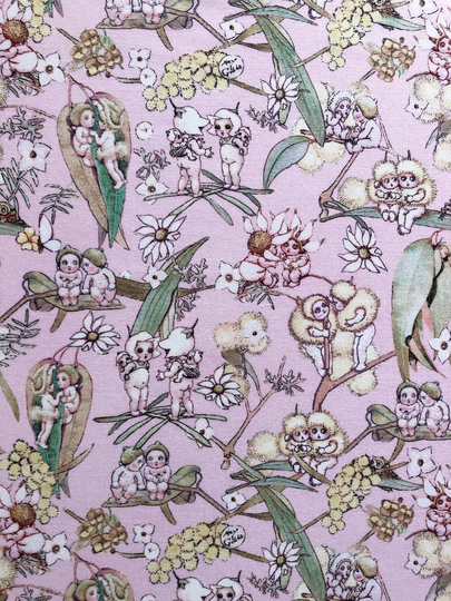 May Gibbs Gumnut Babies Friends Chatting Pink Floral Quilting Cotton Fabric By 1/4, 1/2 Yard Or Fat Quarter, Australian Native