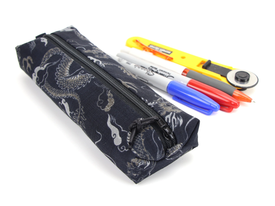 Handmade Pencil Case, Zippered Pen Pouch, Back To School, Dragons Black