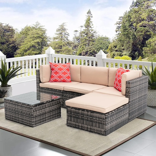 5-Piece PE Rattan Wicker Cushioned Sectional Sofa Sets, Outdoor Garden Patio Modular Design Sofa with 2 Pillows and Coffee Table
