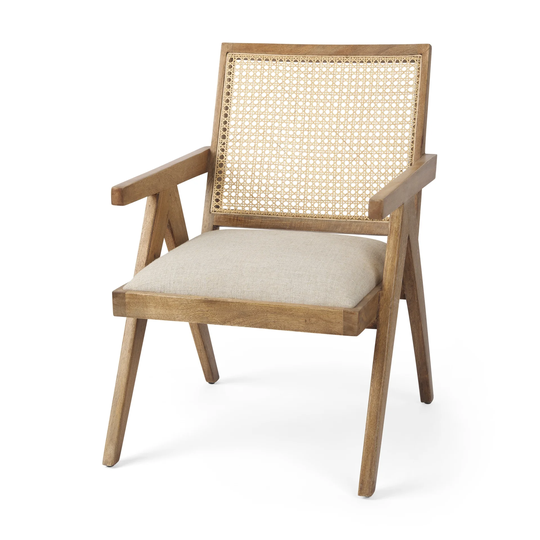 Donna Light Brown Solid Mango Wood & Cane w/ Beige Upholstered Seat Accent Chair - 21.6"W x 21.6"D x 29.5"H