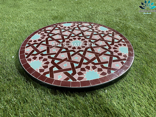 Mosaic Table Pink 100% Handcrafted Moroccan Tiles For Outdoor & Indoor Round, Customizable Colors Pattern, Mid Century Crafts