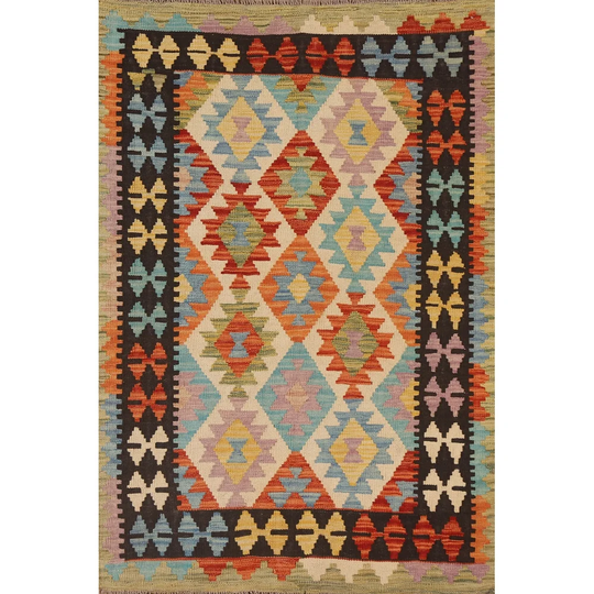 Reversible Colorful Kilim Oriental Area Rug Hand-woven Wool Carpet - 3'4" x 4'9"