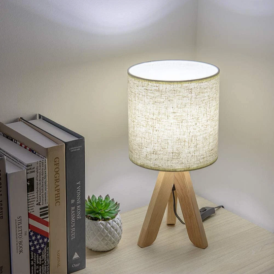 Haitral Small Bedside Table Lamp - Wooden Tripod Nightstand For Bedroom Living Room, Office, Home With Fabric Linen Shade 13.4 Inches