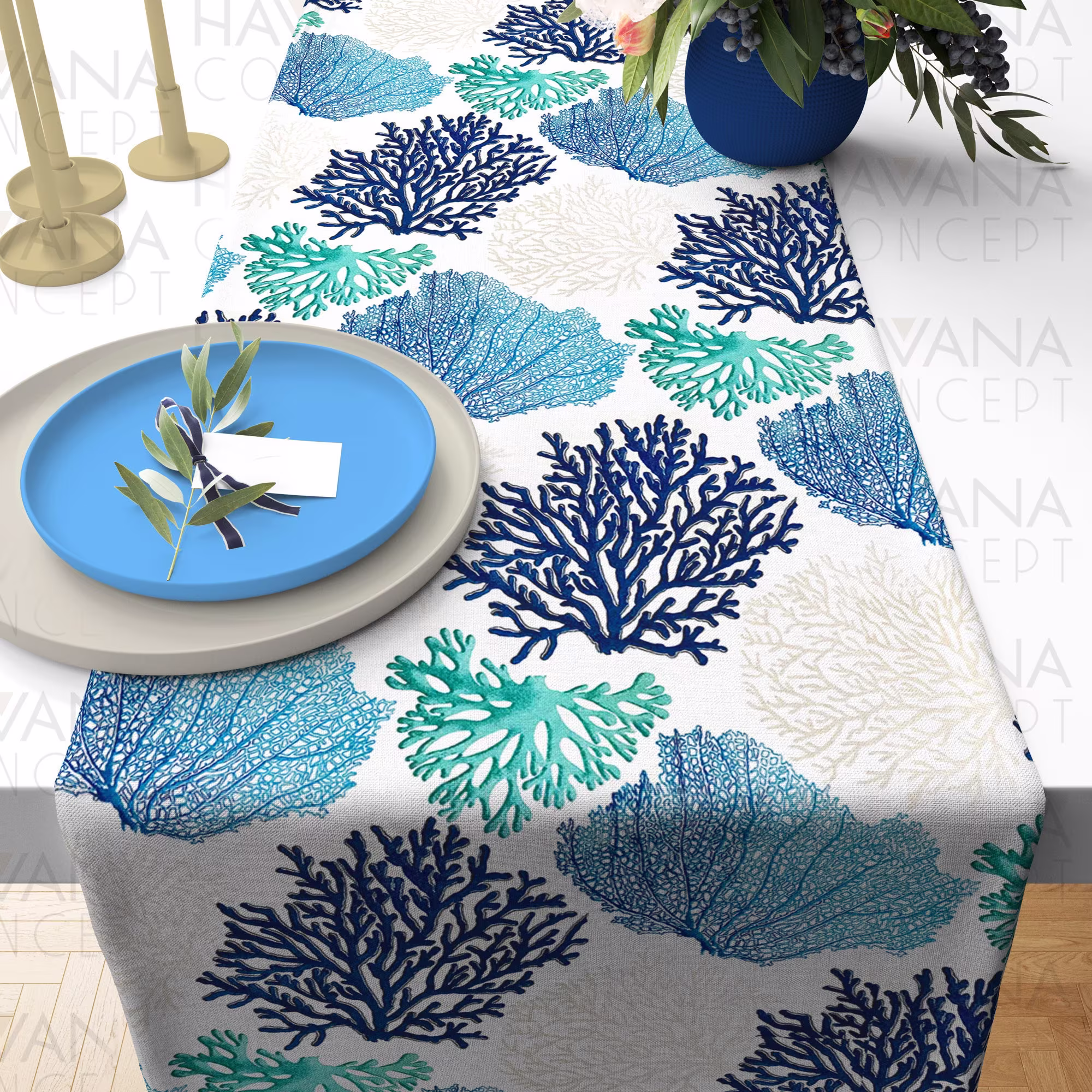 Nautical Table Runner | Blue & Mint Coral Reefs On White Runner, Coastal Living Home Decor Centerpiece, Beach House