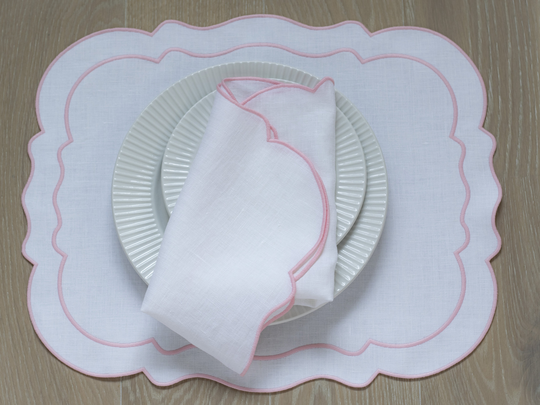 White Linen Scalloped Table Mats With Double Light Pink Trim For Decor 15x18'' Size Baby Shower