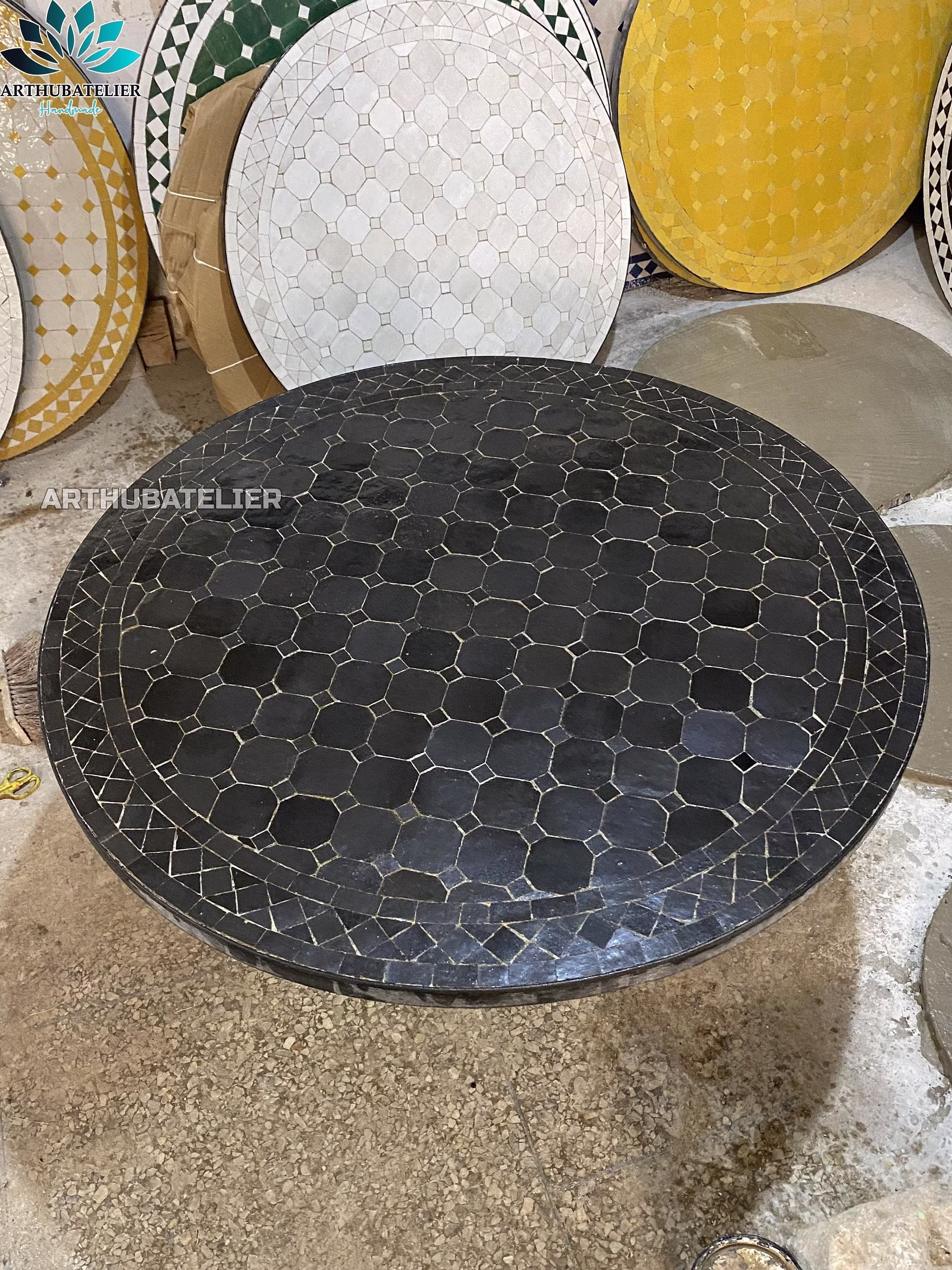 Mosaic Black Table Made From Mosaic Tiles 100% Handmade Moroccan Work, For Outdoor & Indoor
