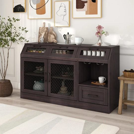 Kitchen Sideboard Buffet Cabinet with 4 Drawers, Mesh Metal Doors with Adjustable Shelves and Wineglass Holders