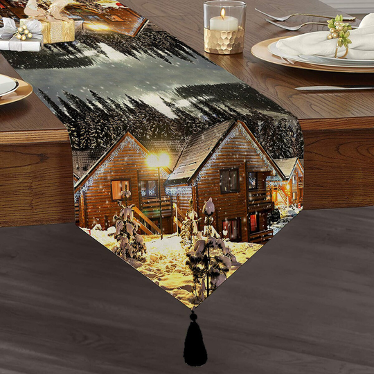 Winter Themed Table Runner|Tasseled Chenille Runner|Triangle Runner|Decorative Tablecloth|Home Kitchen Decor|Printed Runner