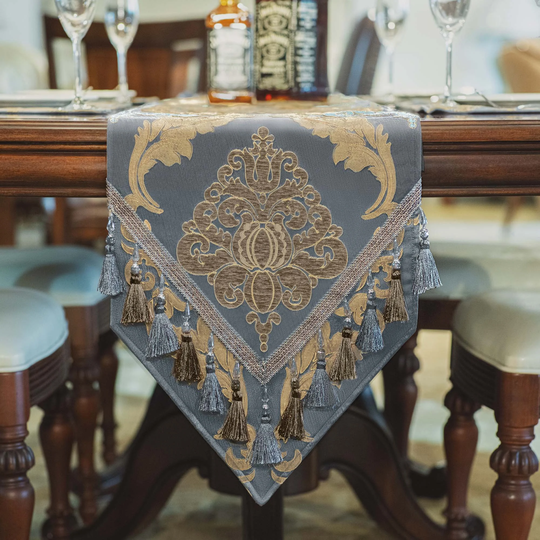 Peyton Table Runner - Luxury Runner With Tassels For Decoration - Gray Blue 13x72"/90"/108"