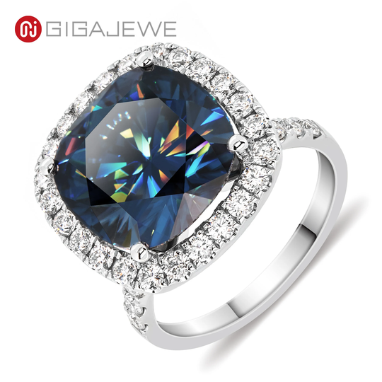 Vivid Blue Uncoated Color 9Ct Cushion Ring Moissanite 9K/14K/18K White Gold, Ring, Engagement Christmas Gift