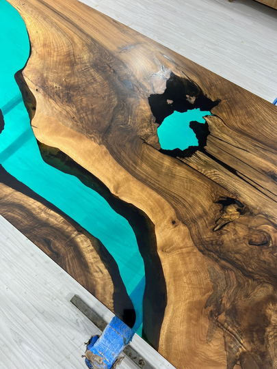 Live Edge Table, Custom 72" X 30" Walnut Translucent Transparent Turquoise Epoxy River Dining Order For Kyle H