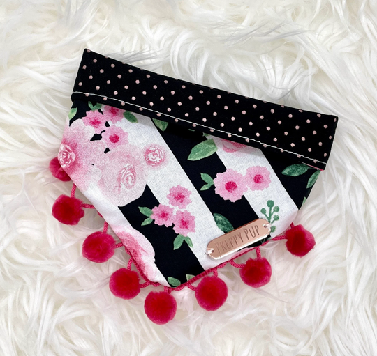 Pink & Black Floral Dog Bandana With Optional Pom Trim
