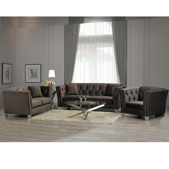 Harlow Modern Chocolate Brown Velvet Tufted Nailhead Sofa, Loveseat and Chair