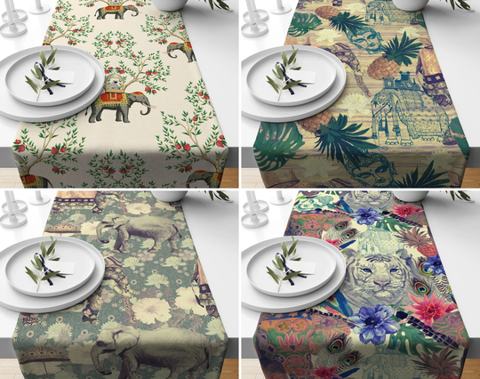 Elephant Table Decor, Tropical Runner, Lion Covers, Swan Tablecloth, Animal Printed Floral Home Gift