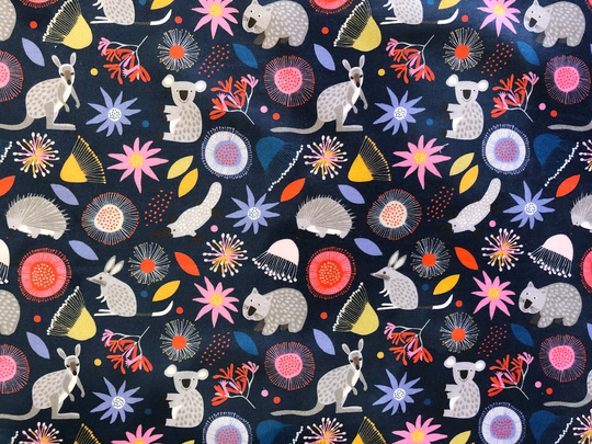Australian Bush Animals & Native Flora Navy Quilting Cotton Fabric By 1/4, 1/2 Yard Or Fat Quarter, Kangaroo Wombat Platypus Koala