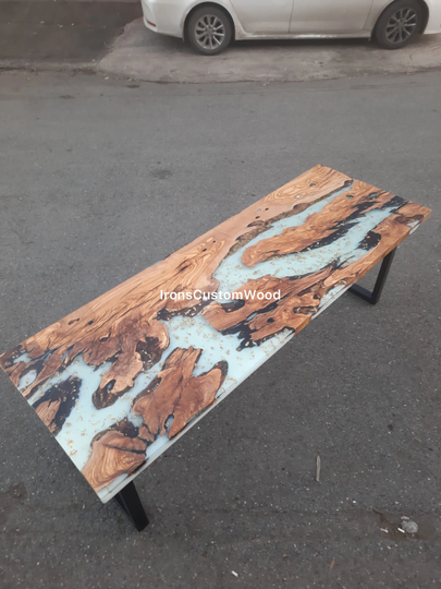 Custom Epoxy Table, White Resin Live Edge Dining Olive Table