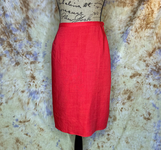 80's Red Linen Pencil Skirt, Knee Length, Fully Lined, Rosecrest New York, Small
