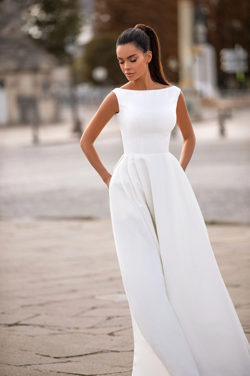 Mikado Boatneck Classic Wedding Dress A Line Simple Ball Gown With A Train Minimalist Modest Bridal Lilu