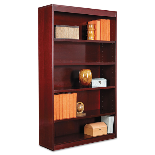 Square Corner Wood Veneer Bookcase, Five-Shelf, 35.63 x 11.81 x 60, Mahogany - 35.63" x 11.81" x 60"